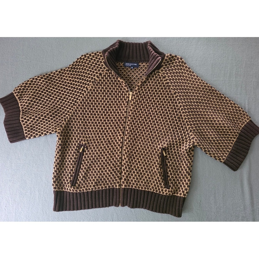 VTG Jones New York Pixel Grid Knit Zip Up Cardigan Short Sleeve Mock Neck